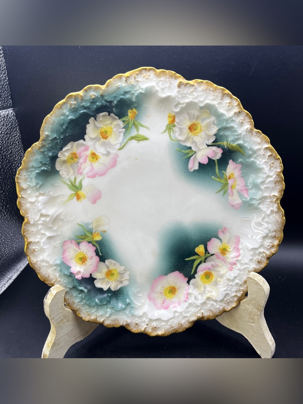 Antique A Lanternier Limoges France Hand Painted Plate Wild Roses Teal Gold 8.5”